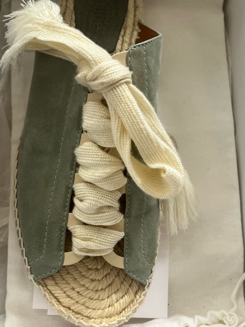 Chloe Harper Olive Suede and Cream Lace Espadrille Slides - Picture 3 of 6